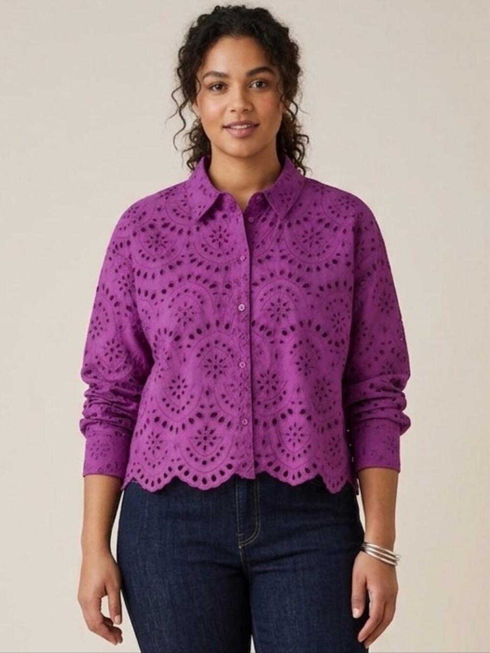 Oui Women's Purple Eyelet Button-Down Shirt - Casual Collared Top